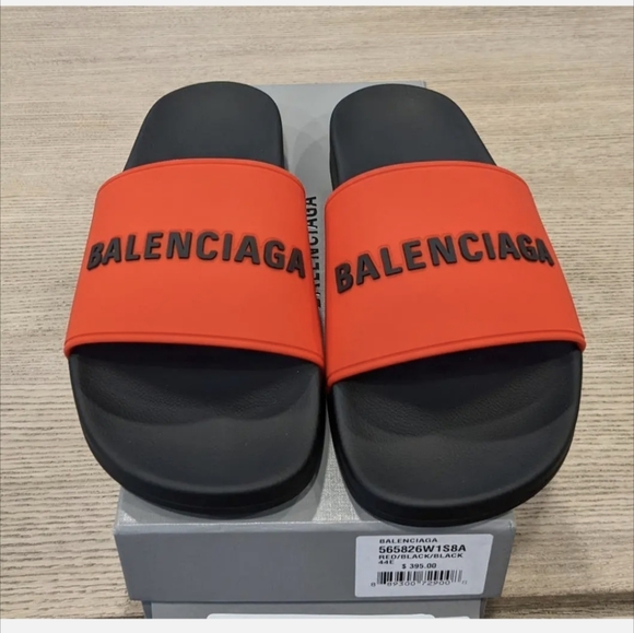 Balenciaga Other - Mens Balenciaga Embossed Logo Pool Slides Sandals Black/Red